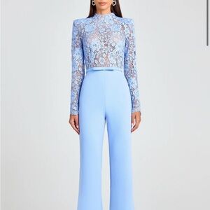 NADINE MERABI Lace Overlay Jumpsuit in Light Blue